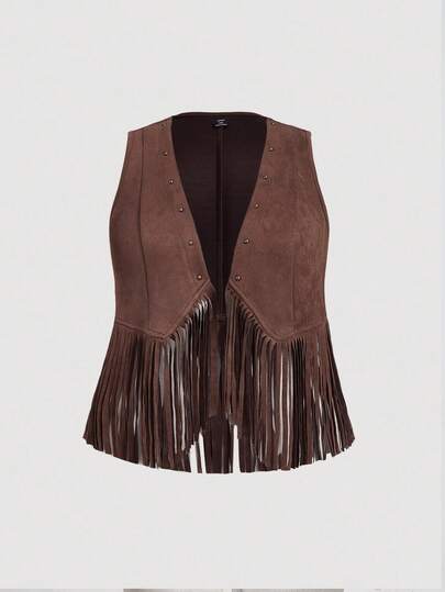 SHEIN MOD Plus Size Women's Solid Color Sleeveless Suedette Fringe Hem Casual Jacket, Resort Wear,Fall, Women,Rave Festival,Concert,70S,Vintage,Renaissance,Fall Jacket,Going Out Fringe Vest Western