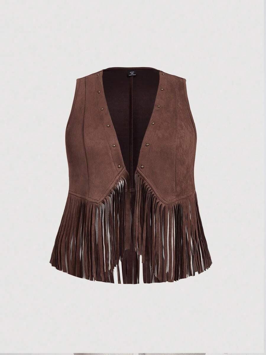 SHEIN MOD 大码女式纯色无袖麂皮流苏下摆休闲外套，度假装，秋季，女装，锐舞节，演唱会，70年代复古风，文艺复兴风格，秋季外套，外出流苏背心西部风 - 棕色 - 查看 1