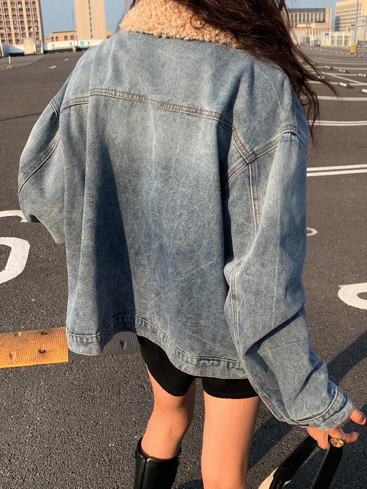 Women's Casual Denim Jacket With Contrast Collar, Autumn