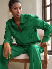 Aveloria Modichic 2 件女士优雅花卉装饰短款夹克和阔腿裤套装，高端外观优雅商务休闲女装 - 綠色 - 查看 2