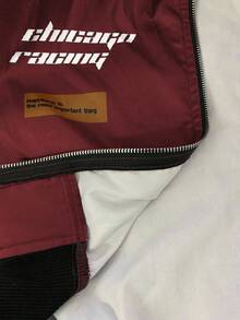 StreetHx Petite 字母印花撞色落肩飞行员夹克，适合新年服装 - 酒紅色 - 查看 5