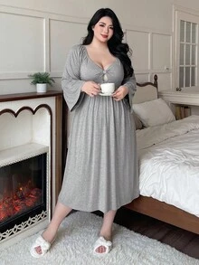 Dazy Plus Plus Size Solid Color Flare Sleeve Hollow Out Sexy Long Nightgown, Fall, Winter - Grey - View 3