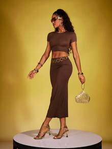 INAWLY Solva Ladies' Fashion Solid Color Short Sleeve T-Shirt And Skirt Set - Coffee Brown - View 4