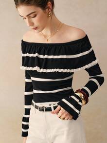 Cévolie 时尚露肩条纹长袖上衣