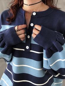 FRIFUL Suéter grueso de ajuste holgado y casual con media cremallera y contraste de color a rayas para mujer, otoño