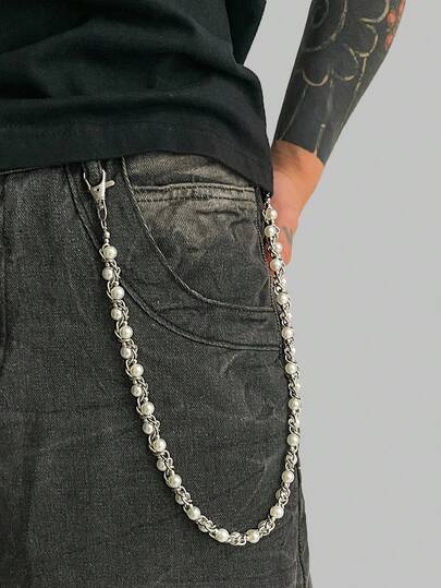 Fairycore 1pc Fashionable Casual Minimalist Faux Pearl Pants Chain, Wrapped Iron Alloy Chain, Men's Personalized Accessory, For Pants Decoration, Holiday Gift
