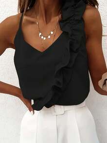 INAWLY 女士實色簡約日常穿搭小背心，有荷葉邊設計 - 黑色 - 查看 1