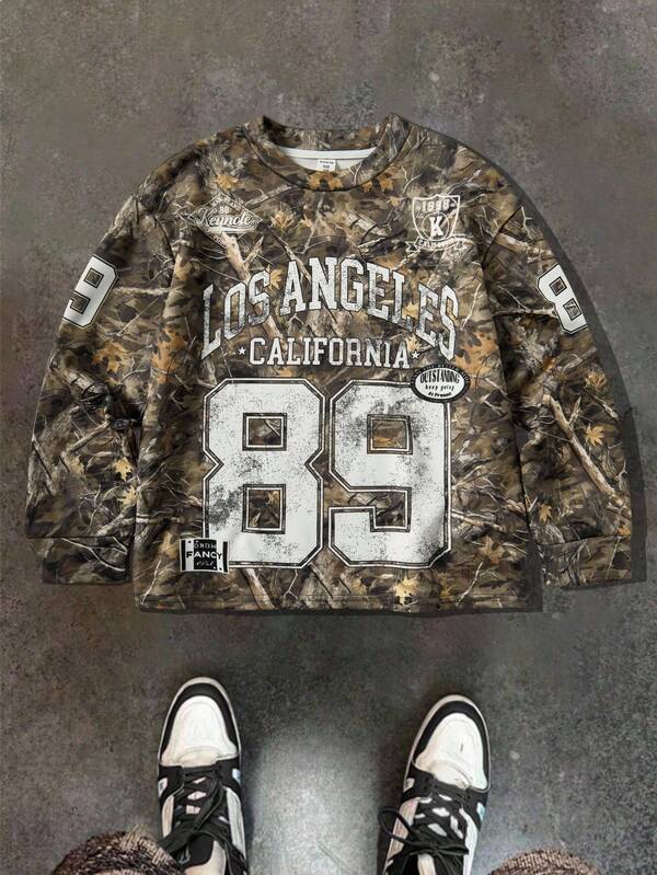 青少年男童休闲日常舒适数字印花图案宽松圆领长袖针织T恤