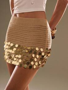 SHEIN BAE 女士亮片镂空奢华针织裙，休闲，裙子，海滩，度假，万圣节，乡村音乐会，度假，西部 - 駝色 - 查看 8