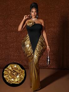 Maweii 大码女式金属面料拼色设计派对/生日连衣裙 - 彩色 - 查看 7