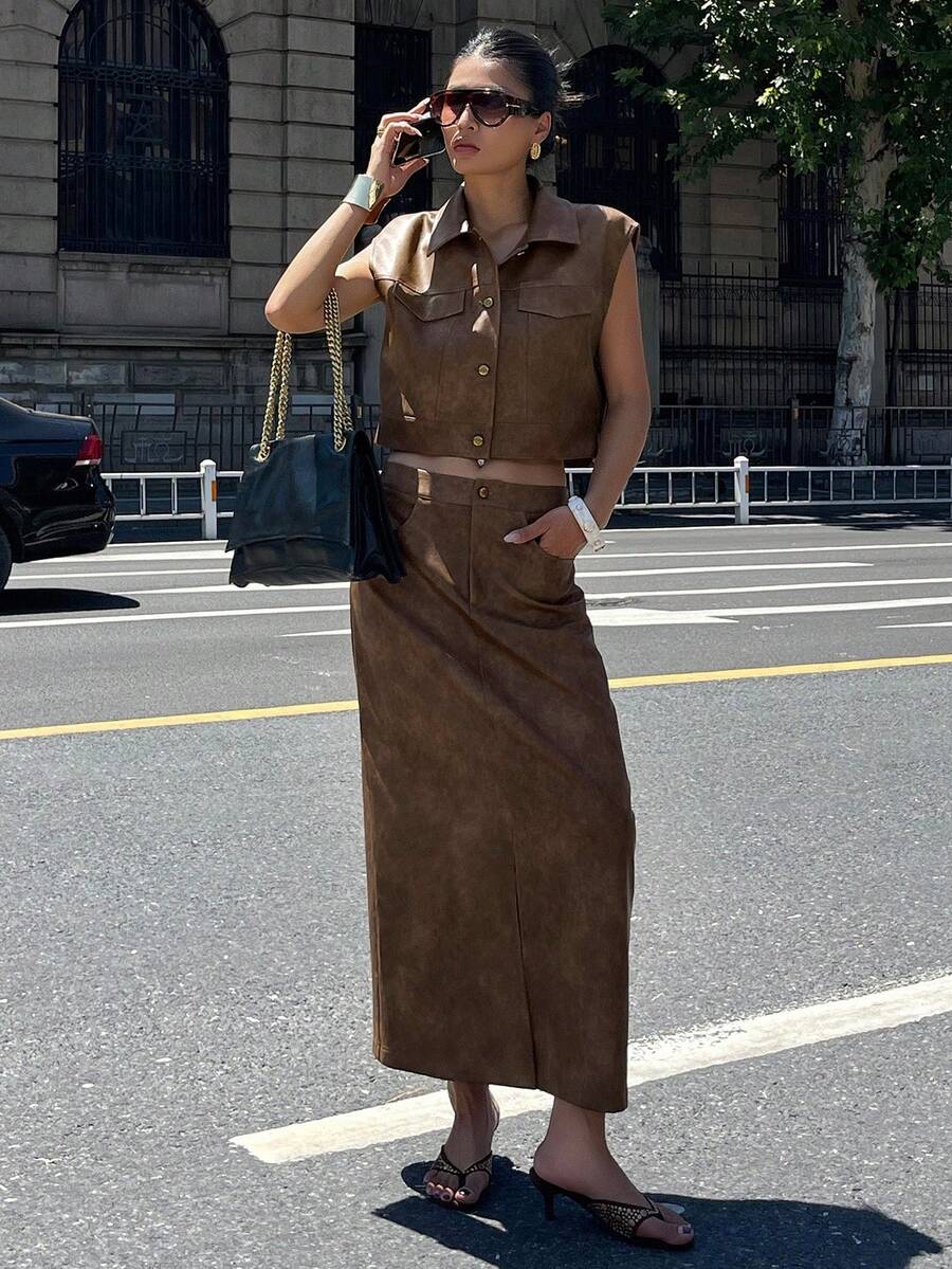 女士秋冬单排扣短袖外套和口袋中长裙休闲两件套 Y2K 家居服套装 - 棕色 - 查看 1