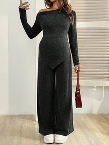 SHEIN Bộ 2 món đồ bà bầu thường ngày/công sở màu trơn không đối xứng áo và quần - Màu xám đen - Xem 5