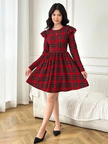 SHEIN 少女休闲红色格子短袖A字长袖连衣裙 - 紅色 - 查看 2
