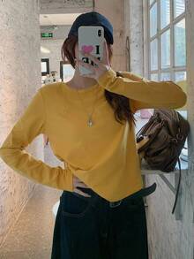 DAZY 女士奶油黄色宽松休闲基本款长袖 T 恤，带刺绣心形图案，适合秋季和春季