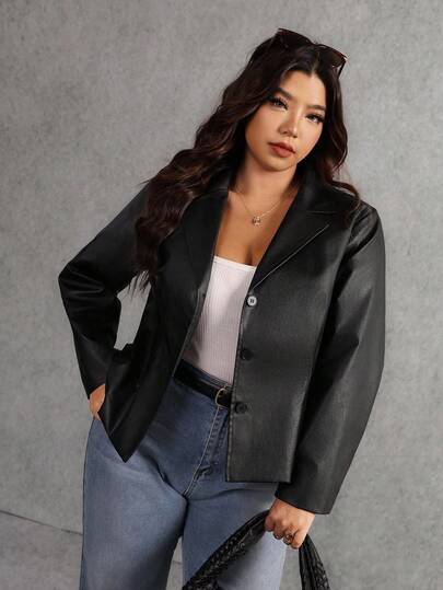 Elaquor Plus Size Women Casual Minimalist PU Blazer Jacket, Autumn/Winter