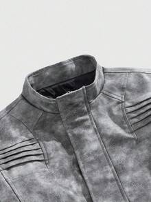 ROMWE MEN Casual Men's Retro Distressed Stand Collar Jacket, Fall Winter - Black - View 6