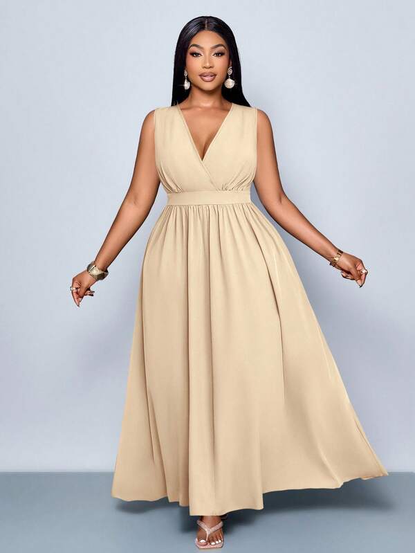 SOLERSUN Plus Size New Spring And Summer Fashion Solid Color Cross Deep V Neck Long Casual Loose A-Line Dress, Simple Clothing For All Seasons, Casual Loose Long Skirt, Daily Commuting Travel Seaside Holiday Casual Dress