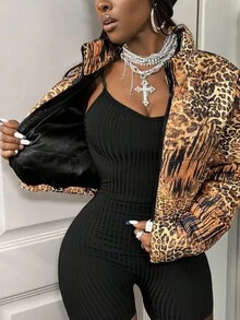 BamGleam Animal Print Cropped Stand Collar Jacket - Brown - View 8