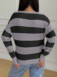 SHEIN Tween Girl Casual Striped Colorblock Off-Shoulder Loose Batwing Long Sleeve Sweater, Autumn/Winter