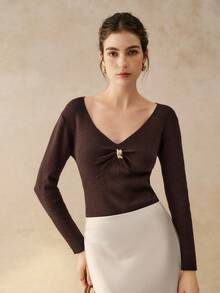 Cévolie Women's V-Neck Long Sleeve Metal Decor Fashion Knit Pullover Sweater, Autumn - Coffee Brown - View 5