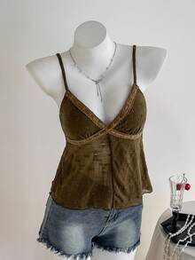 Comfortcana 女士优雅浪漫咖啡棕色刺绣吊带背心 - 咖啡棕 - 查看 4