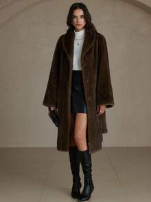 Aveloria Rosie 女式高端人造毛皮领中长款 A 字袖人造毛皮大衣，法式复古奢华风格 - 棕色 - 查看 6