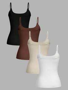 SHEIN EZwear 4 件套休闲简约百搭吊带背心，适合夏季，修身款，适合女士 - 彩色 - 查看 2