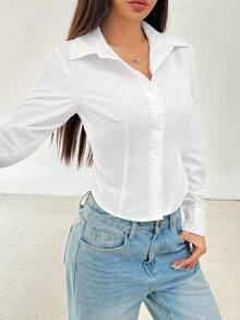 SHEIN EZwear Plus Size White Fitted Casual Shirt, Minimalist & Fashionable For Daily Wear - White - View 2