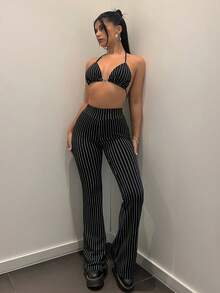 SHEIN ICON Striped Print Flare Leg Trousers - Black - View 6