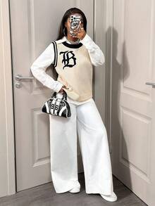 BamGleam Women's Knit Vest, Black & Beige Color Block, Sleeveless, Round Neck, Loose, Casual, Street Style - Apricot - View 1