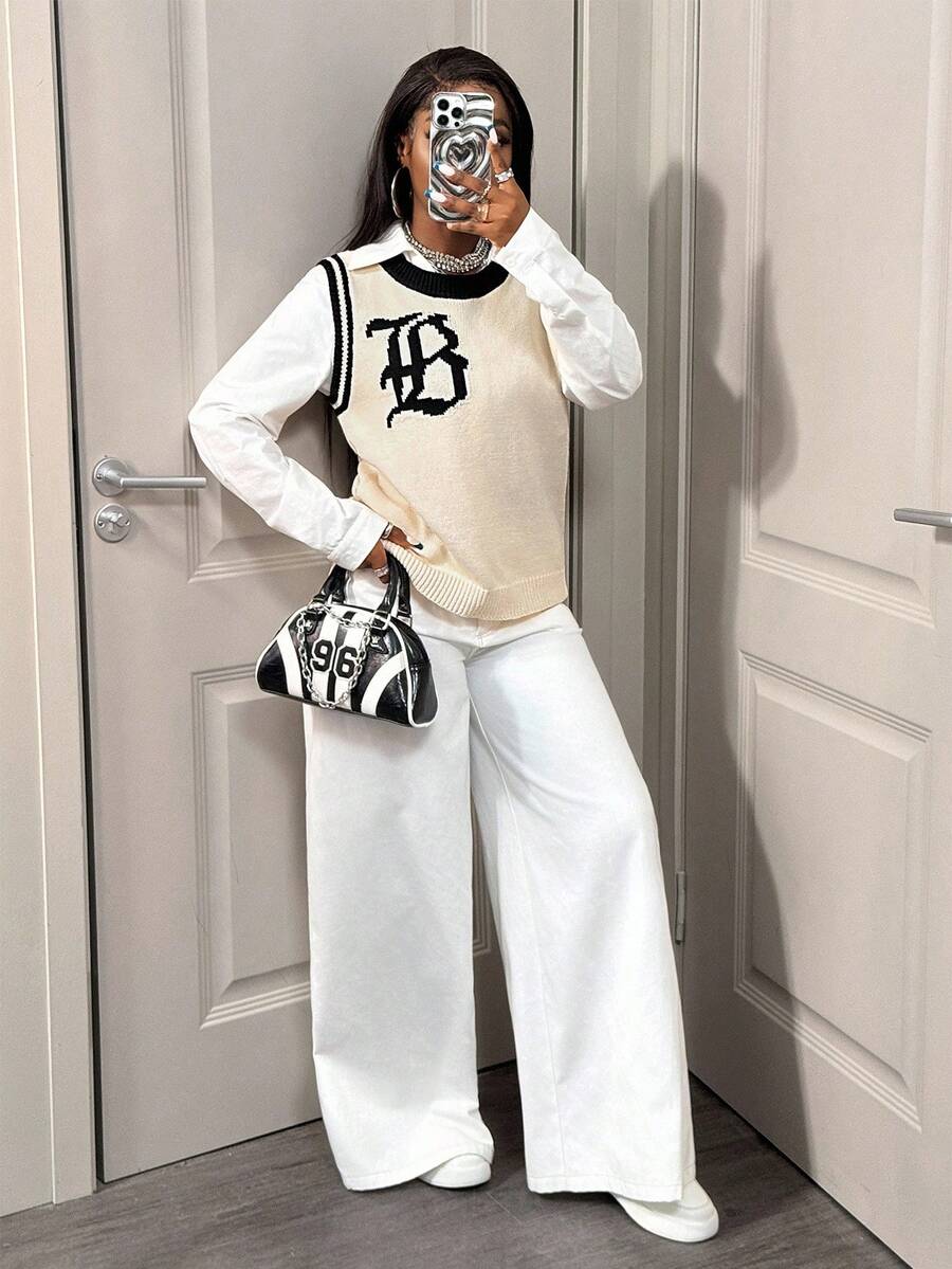 BamGleam Women's Knit Vest, Black & Beige Color Block, Sleeveless, Round Neck, Loose, Casual, Street Style - Apricot - View 1