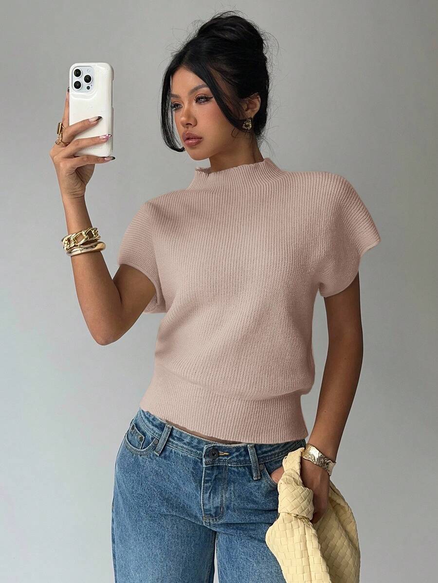 Aloruh 女式休闲纯色蝙蝠袖圆领针织上衣 - 卡其色 - 查看 1