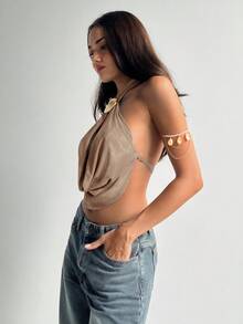 Aloruh Women's Sexy Elegant Criss-Cross Plunge Neck Hollow Out Tie-Dye Print Backless Cami Top - Mocha Brown - View 7