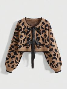 ROMWE Kawaii Bộ 2 áo len họa tiết da báo trang trí nơ cho nữ - màu nâu - Xem 3