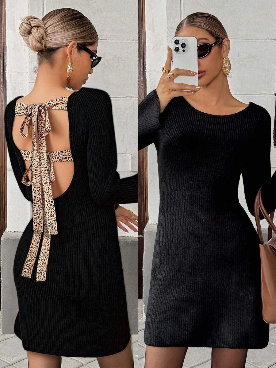 Pariaura Backless Lace-Up Women's Knitted Sweater Dress, Elegant Bowknot A-Line Knit Dress For Autumn/Winter - Black - View 1