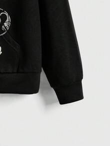 ROMWE Grunge Punk Women Street Cross & Wings Print Rhinestone Embellished Loose Drawstring Zip-Up Hooded Sweatshirt Graduation,Back To School Outfits,Graduation,Teacher Outfits For Women,Back To School - Black - View 4