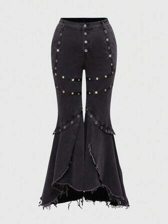Goth Große Größen Herbst/Winter Leder Nieten Vintage Asymmetrischer Glockenrock Jeans, Damen Große Größen Hosen für Herbst, Damen Große Größen Jeans für Herbst/Winter, Lässig Alltags Tragen, Vintage Gewaschen Figurbetonte Glockenrock Große Größen Jeans, Vintage Gewaschen Nieten Details