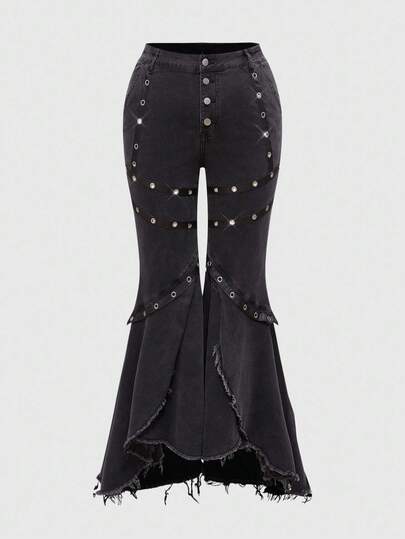 Goth Große Größen Herbst/Winter Leder Nieten Vintage Asymmetrischer Glockenrock Jeans, Damen Große Größen Hosen für Herbst, Damen Große Größen Jeans für Herbst/Winter, Lässig Alltags Tragen, Vintage Gewaschen Figurbetonte Glockenrock Große Größen Jeans, Vintage Gewaschen Nieten Details