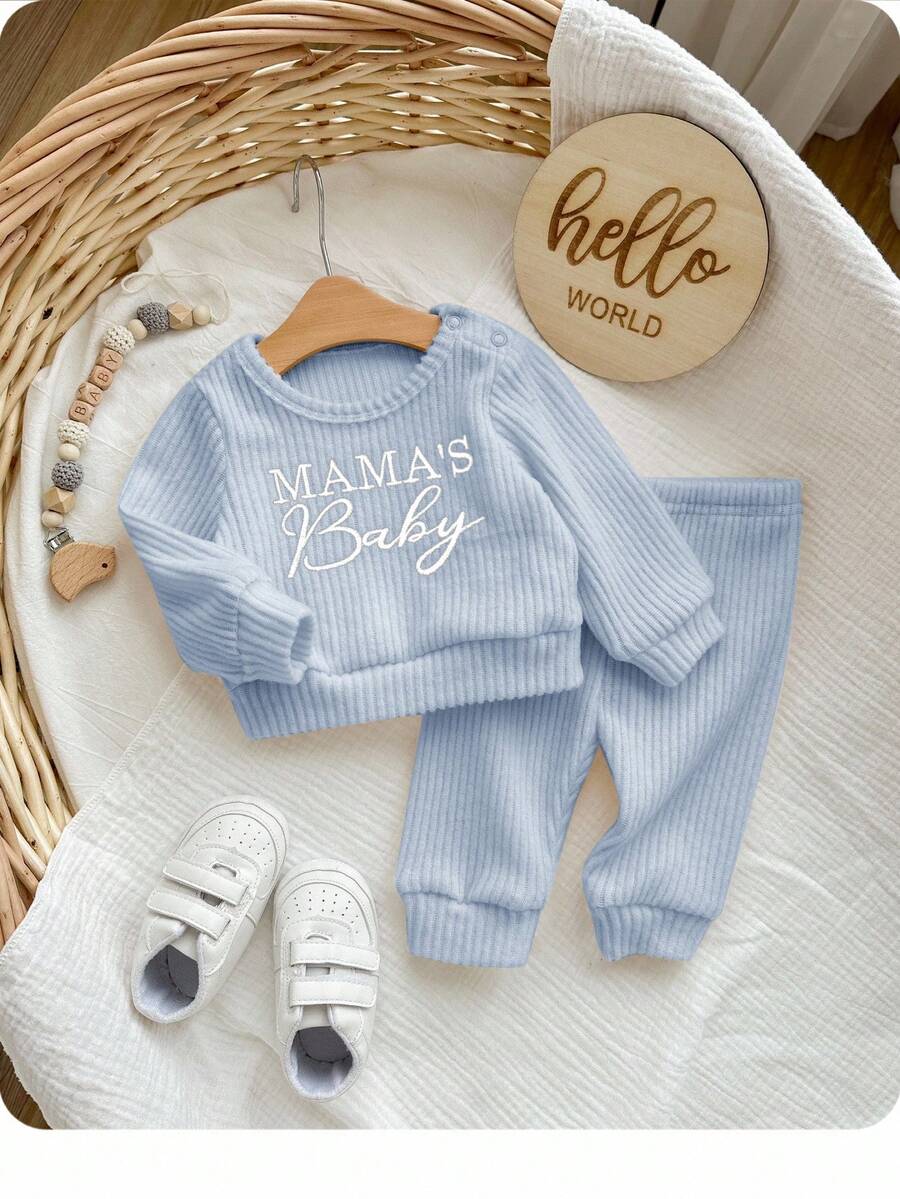 SHEIN 2件套新生儿男宝宝字母刺绣圆领长袖上衣和裤子套装 - 霧霾藍 - 查看 1