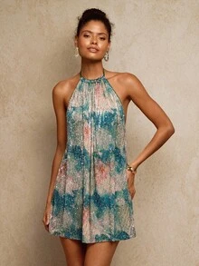 Travachic Váy ngắn hở lưng đính sequin chuyển màu gợi cảm thanh lịch - màu xanh lá - Xem 3