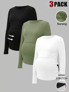 Modmama 纯色圆领长袖休闲哺乳上衣，夏季百搭 - 綠色 - 查看 17