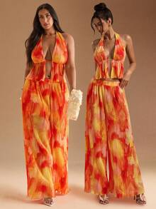 SHEIN BAE Plus Size Women's Textured Fabric Pleated Halter Top & Loose Wide Leg Pants Set/Spring/Fall Tie-Dye Pleated Camisole Top & Long Pleated Wide Leg Pants 2 Piece Set/Women Two Pieces Outfits For Daily Wear/Fall Clothes Plus Size/Halloween/Homecoming/Christmas/Going Out /Birthday Dresses For Women/Western Wear Women/Dresses For Women Party,Fall Clothes For Women - Orange - View 2