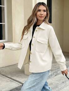 Serisse Women's Casual Solid Color Front Button Dropped Shoulder Jacket, Autumn,Fall Winter White - White - View 4