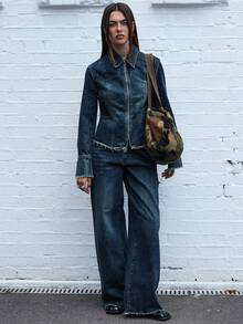 COUREZ Low Rise Baggy Fit Jeans With Distressed Waist In Dirty Blue Wash /Y2K Casual Spring Clothes  Women Clothes Cute Wide Leg Pants Low Rise Jeans - Blue - View 2