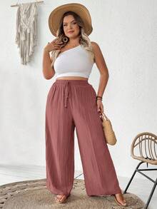 SHEIN CURVE+ Damen Große Größen Sommer Lässig Beach Outfits, Mode Business Pendler Elegante Weite Hosen mit Taschen, Lotus Rosa, Sommerhosen Sommer/Land/Strandurlaub Outfits/Strandoutfits/Strandmode