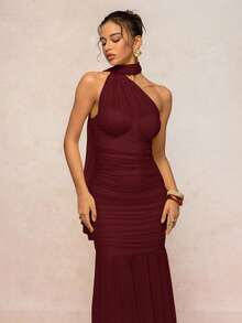 Lumalex Halter Neck Chiffon Flowy Ruched Bust Padded Bodycon Dress For Women