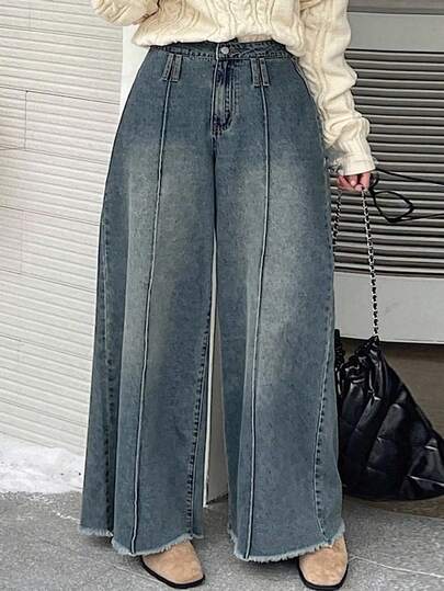 DAZY 复古水洗蓝色宽松做旧开衩腰部装饰大码宽松长款牛仔连衣裙，大码女装秋季款