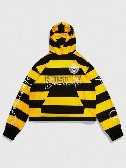 Street Life Men's Striped Print Hoodie, Loose Cropped Style , Fall