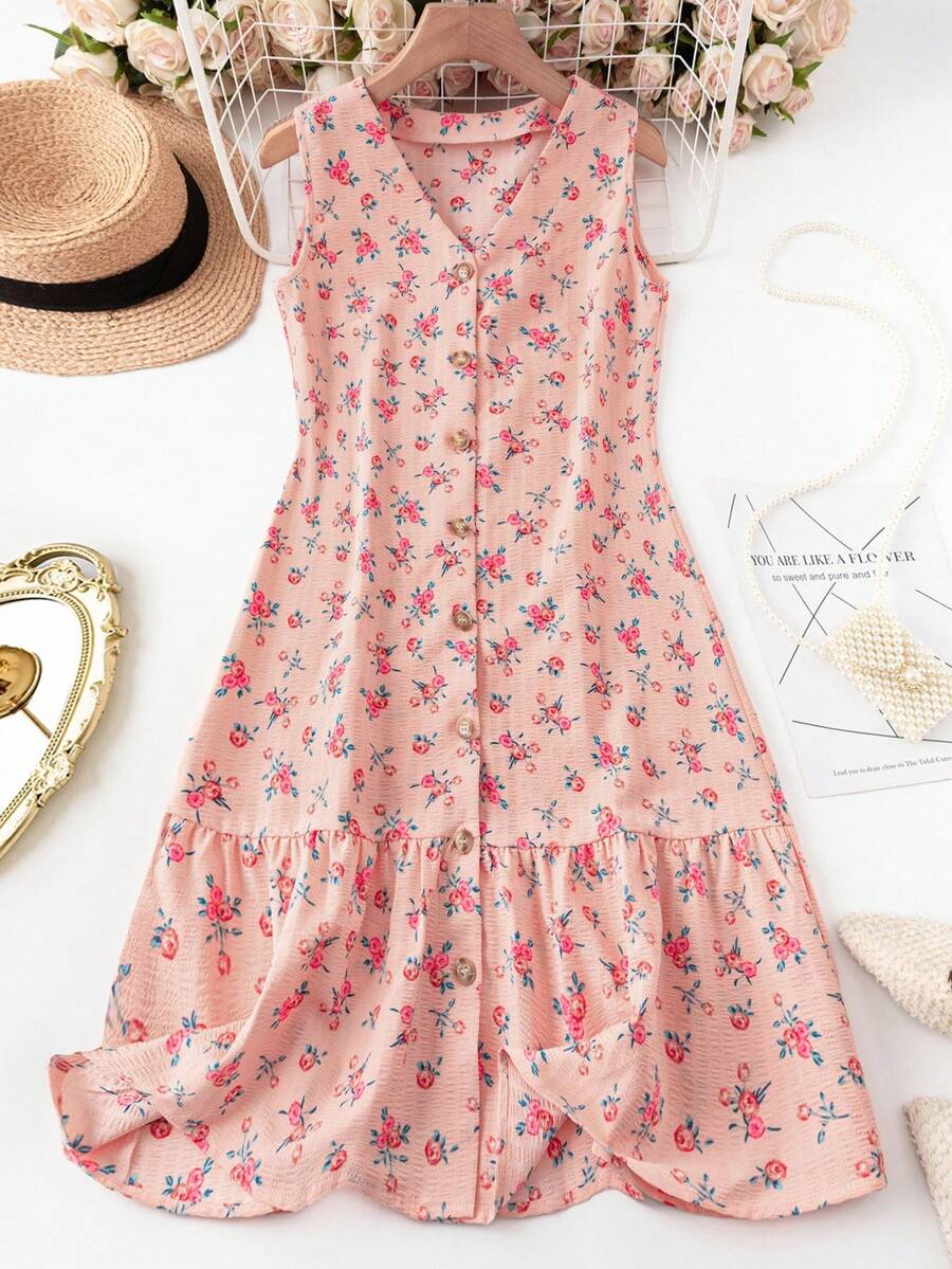 Franclia Women's Ditsy Floral Casual Sleeveless Dress, Suitable For Vacation And Daily Wear - Pink - View 1