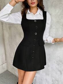 SHEIN Unity Nuevo vestido elegante sin mangas de alta gama con estilo retro francés para otoño - Negro - Ver 4